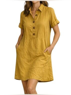 J. Jill Love Linen Dress Sz Medium Petite Yellow Button Front Pockets